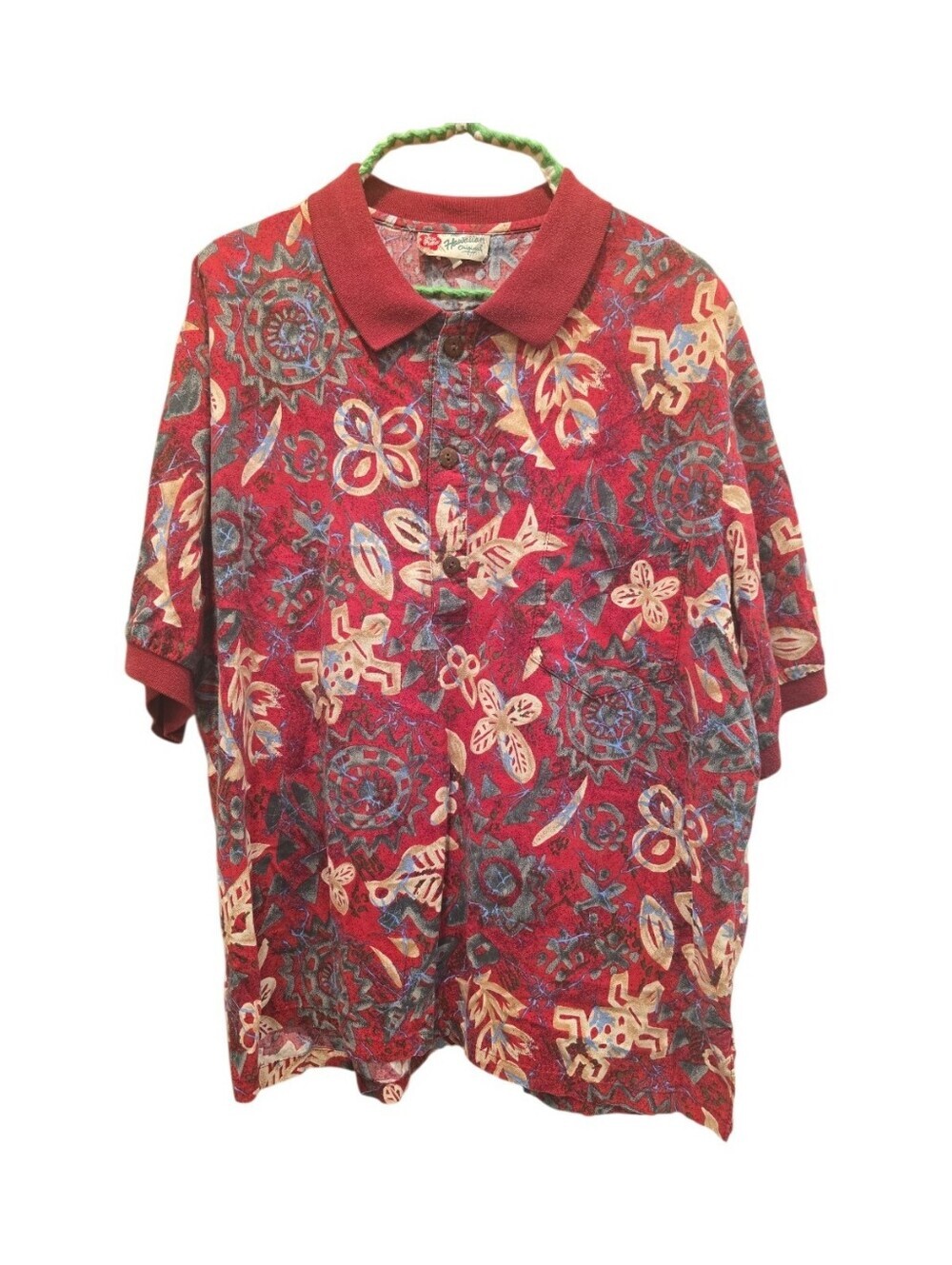 Hilo Hattie Hawaiian Shirt L Red White Floral Short Sleeve Polo Style Y2K Animal